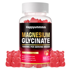Happyummmm Magnesium Glycinate Gummies bottle with 60 strawberry chewables for calm support