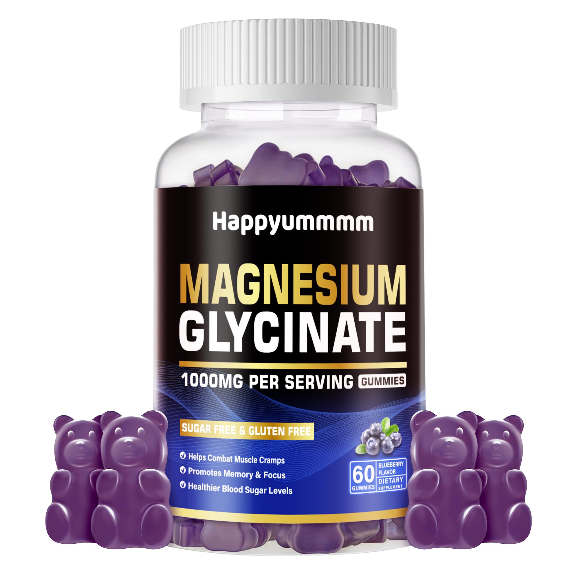 Happyummmm Magnesium Glycinate Gummies blueberry bottle for daily calm support.