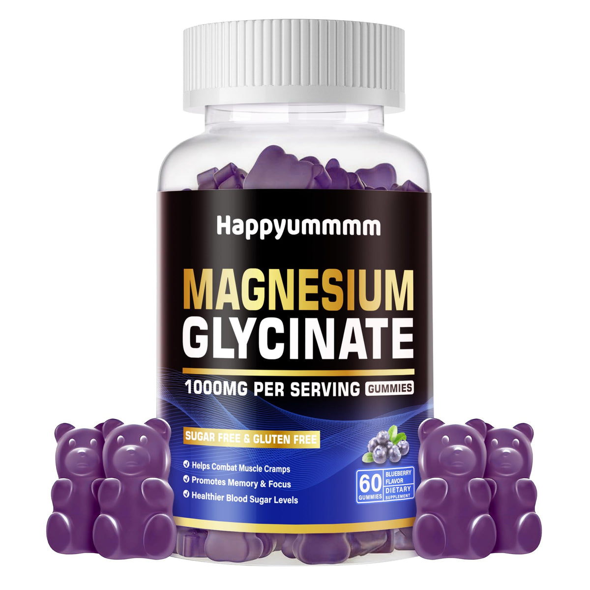Happyummmm Magnesium Glycinate Gummies blueberry bottle for daily calm support.