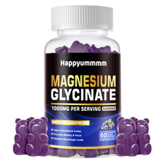 Happyummmm Magnesium Glycinate Gummies blueberry bottle for daily calm support.