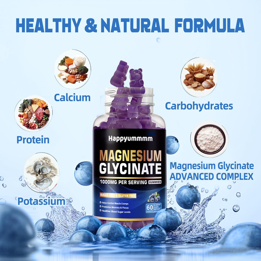Happyummmm Magnesium Glycinate Gummies blueberry closeup showing chewy texture.
