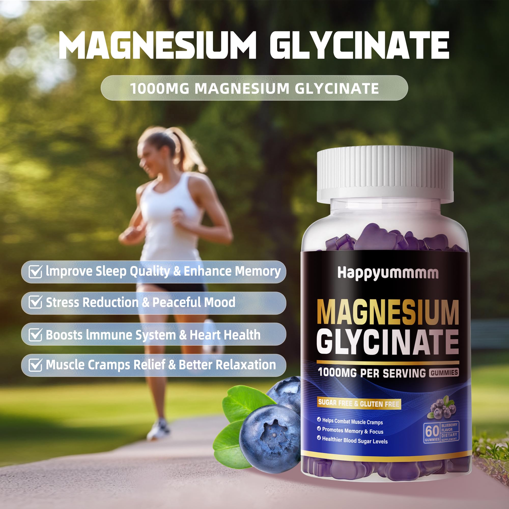 Happyummmm Magnesium Glycinate Gummies bottle featuring D, B6, CoQ10 benefits.