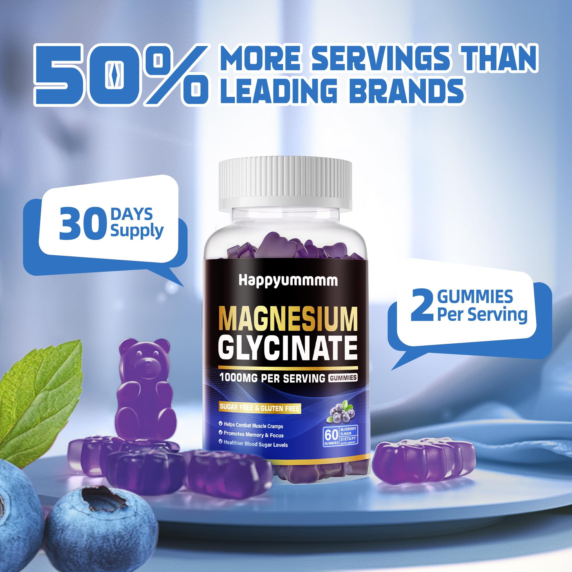 Happyummmm Magnesium Glycinate Gummies ingredients view shows vegan, sugar-free formula.
