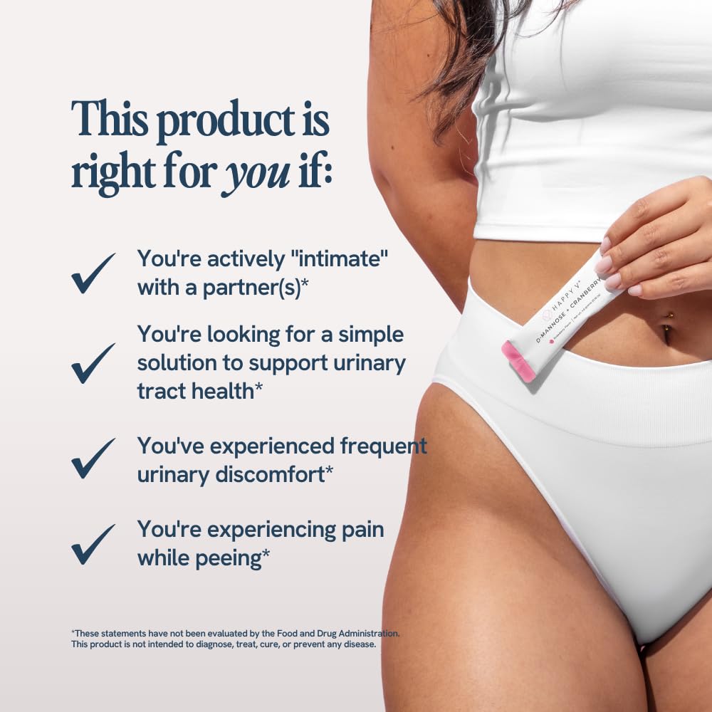Happy V D-Mannose Cranberry stick pack back view showing nutrition label and ingredients