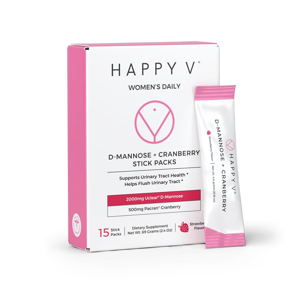 Happy V D-Mannose Cranberry stick pack front view highlighting portability for daily urinary support