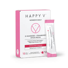 Happy V D-Mannose Cranberry stick pack front view highlighting portability for daily urinary support
