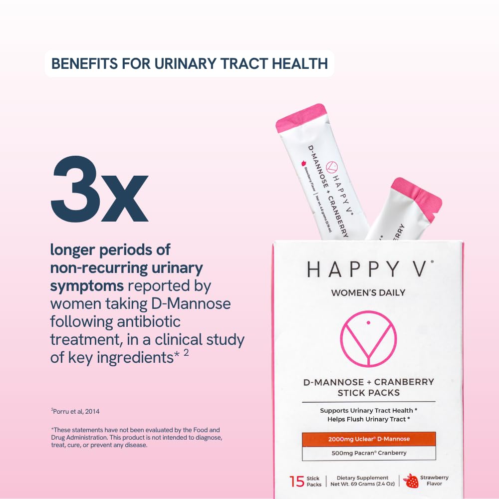 Happy V D-Mannose Cranberry stick pack label close-up with vegan and clean ingredients