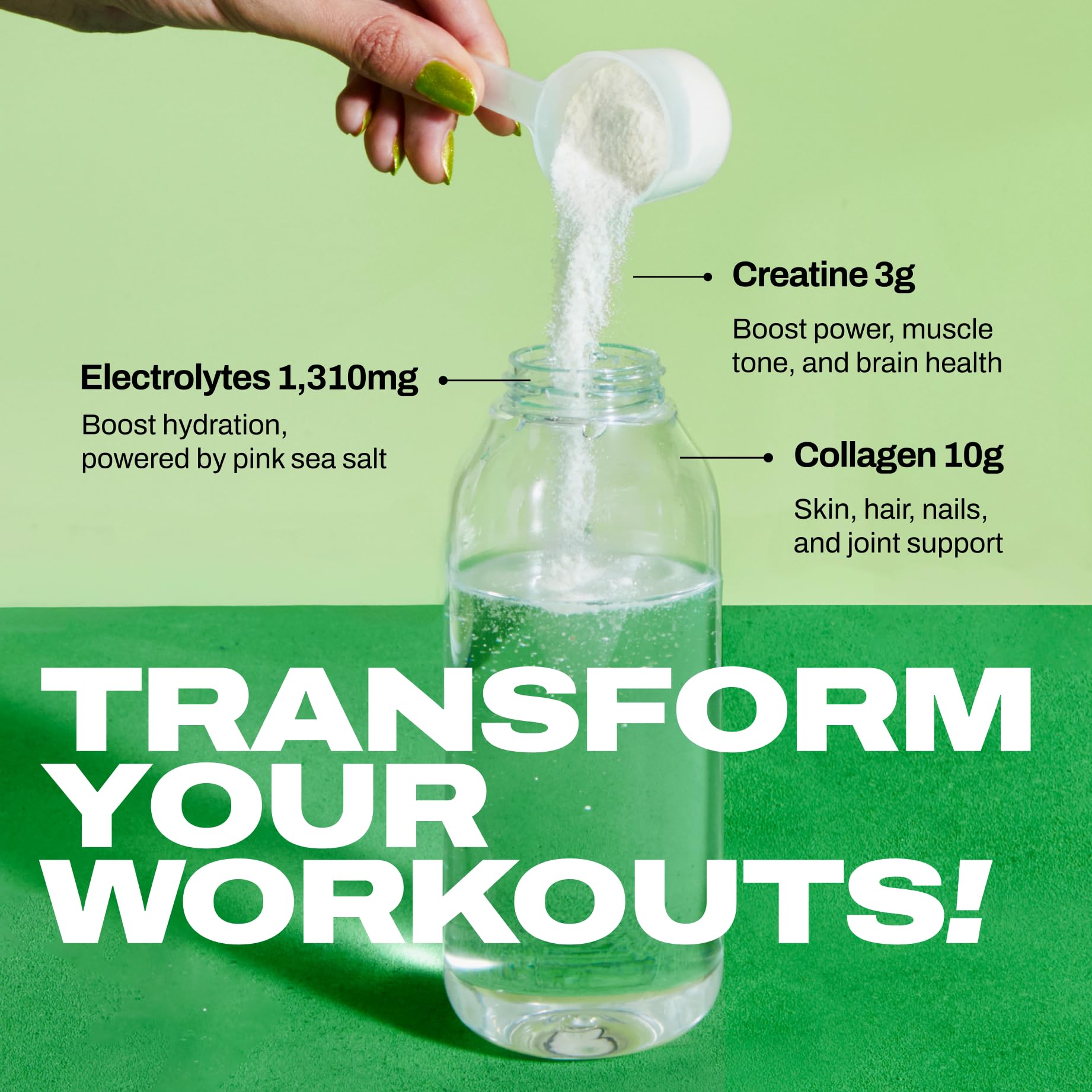 Harlo 3-in-1 powder dissolving in water for quick hydration.