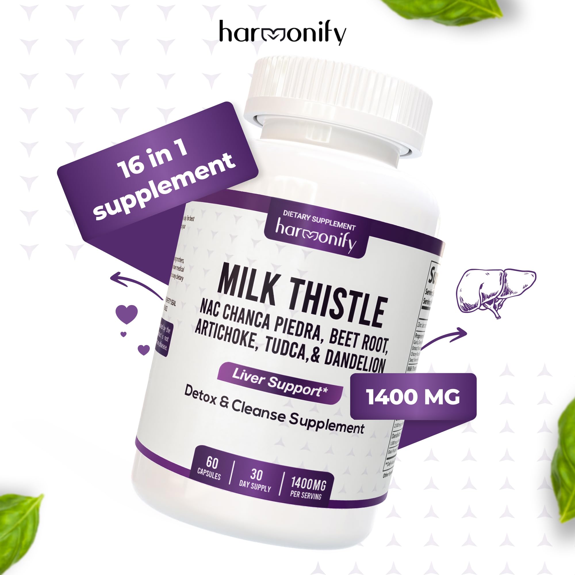 HARMONIFY ingredient list graphic displays holistic botanicals and nutrients.