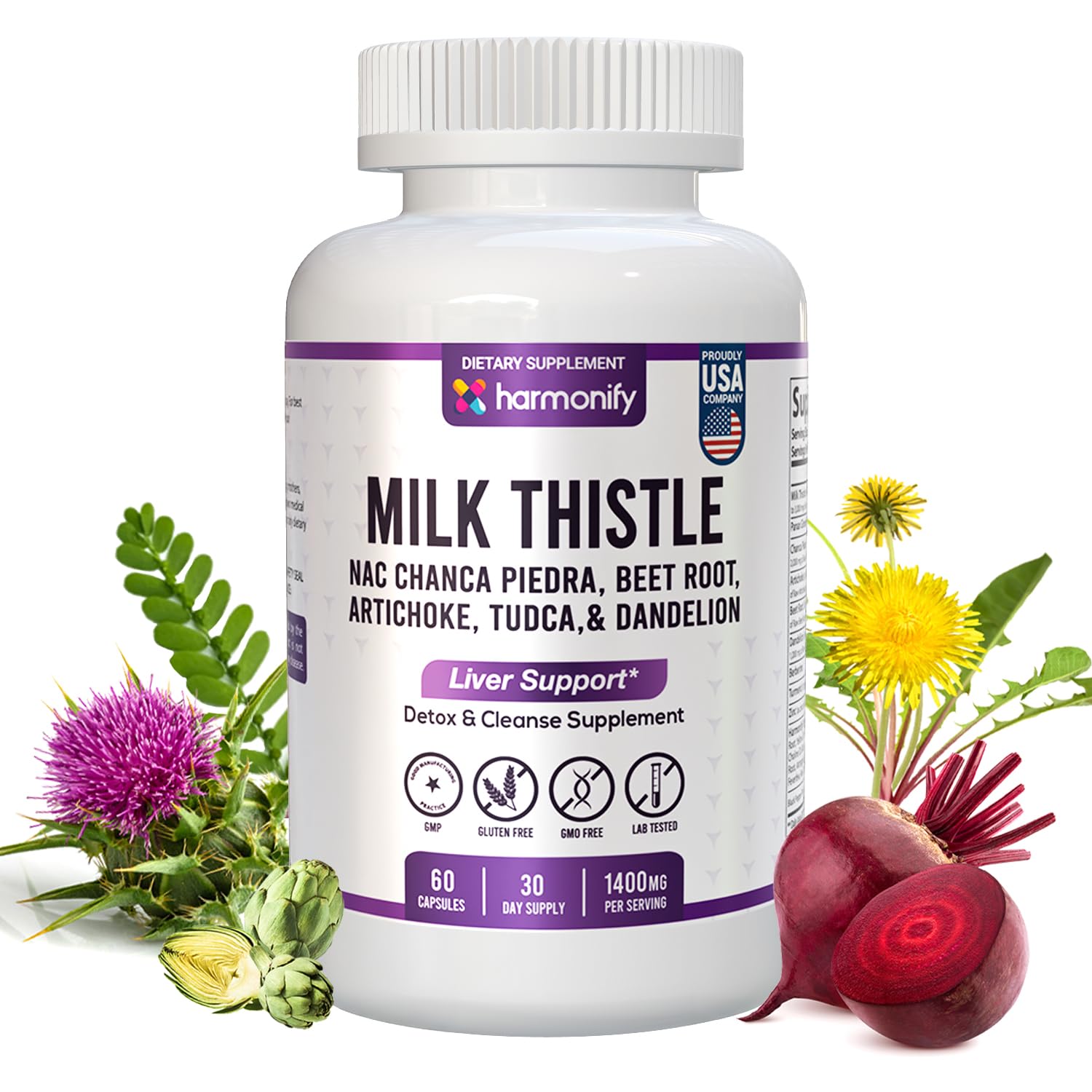 HARMONIFY bottle shows milk thistle and berberine blend for daily vitality.