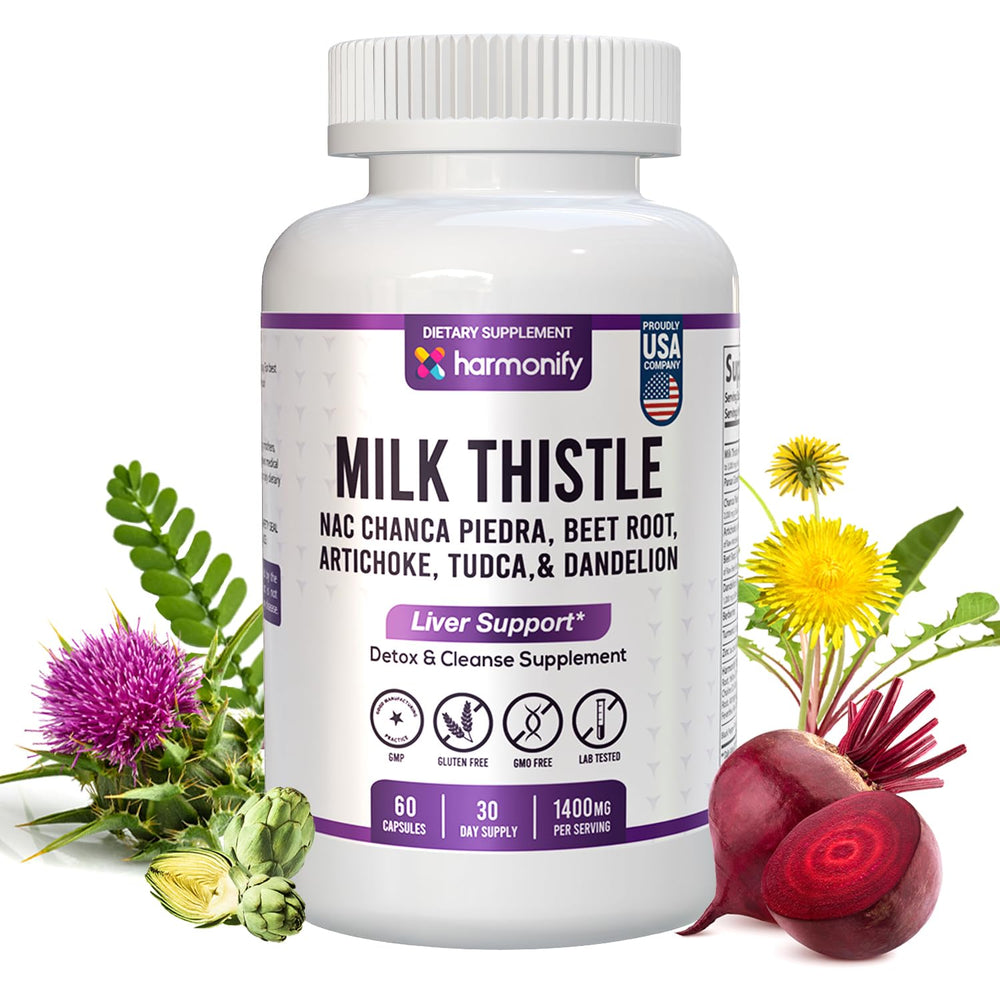 HARMONIFY bottle shows milk thistle and berberine blend for daily vitality.