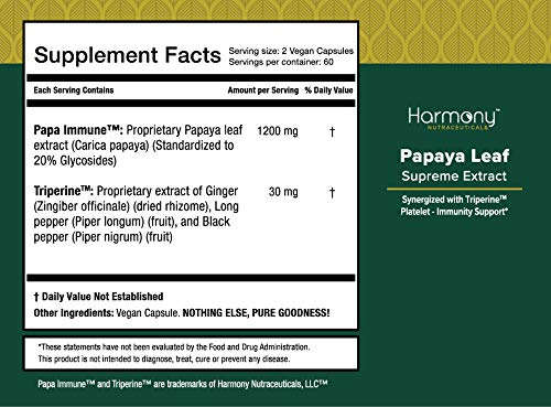 Harmony Nutraceuticals Papaya Leaf Supreme Extract 120-capsule bottle on a clean counter for daily wellness.