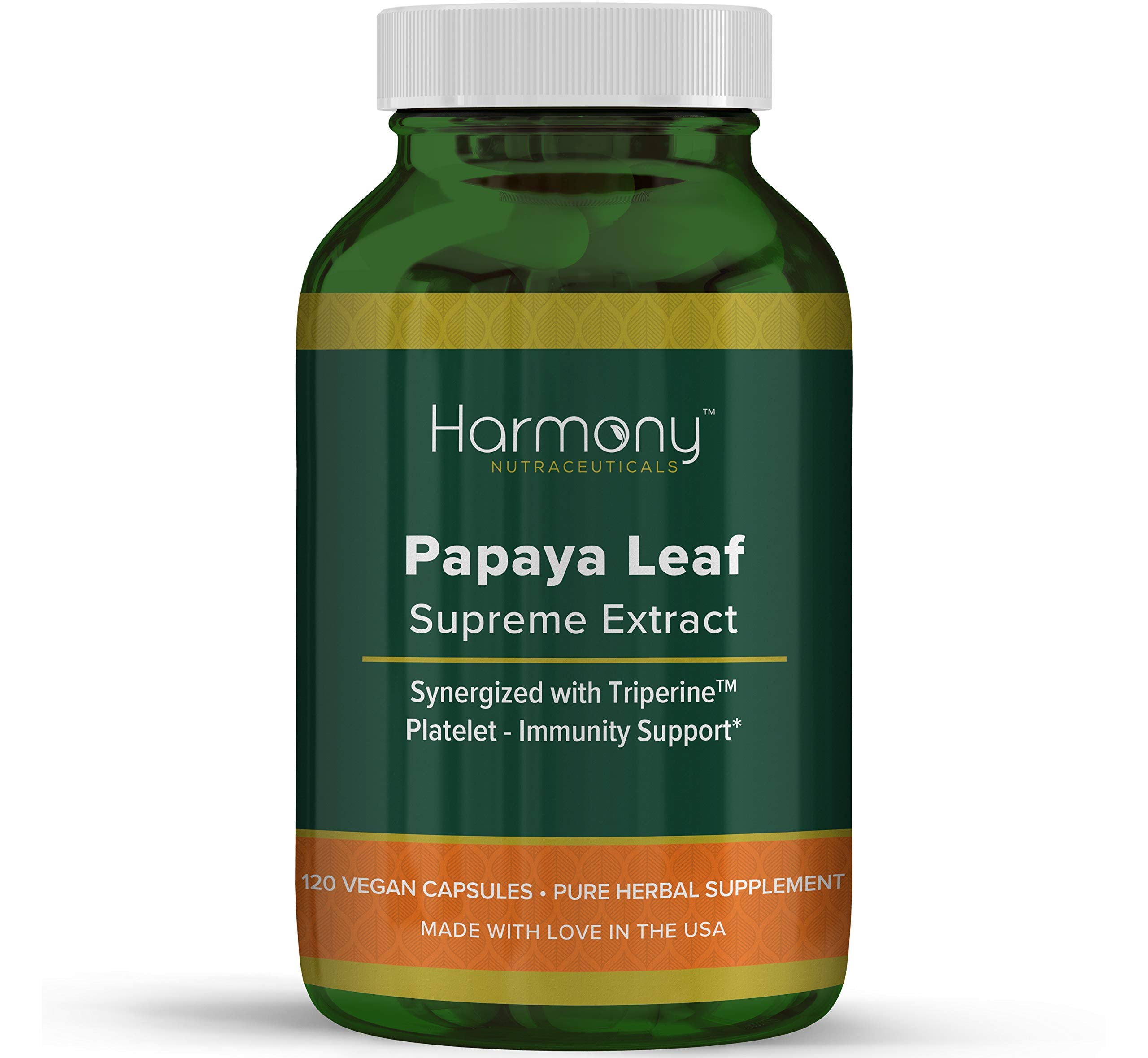 Harmony Nutraceuticals Papaya Leaf Supreme Extract bottle with vegan capsules for daily immune support.