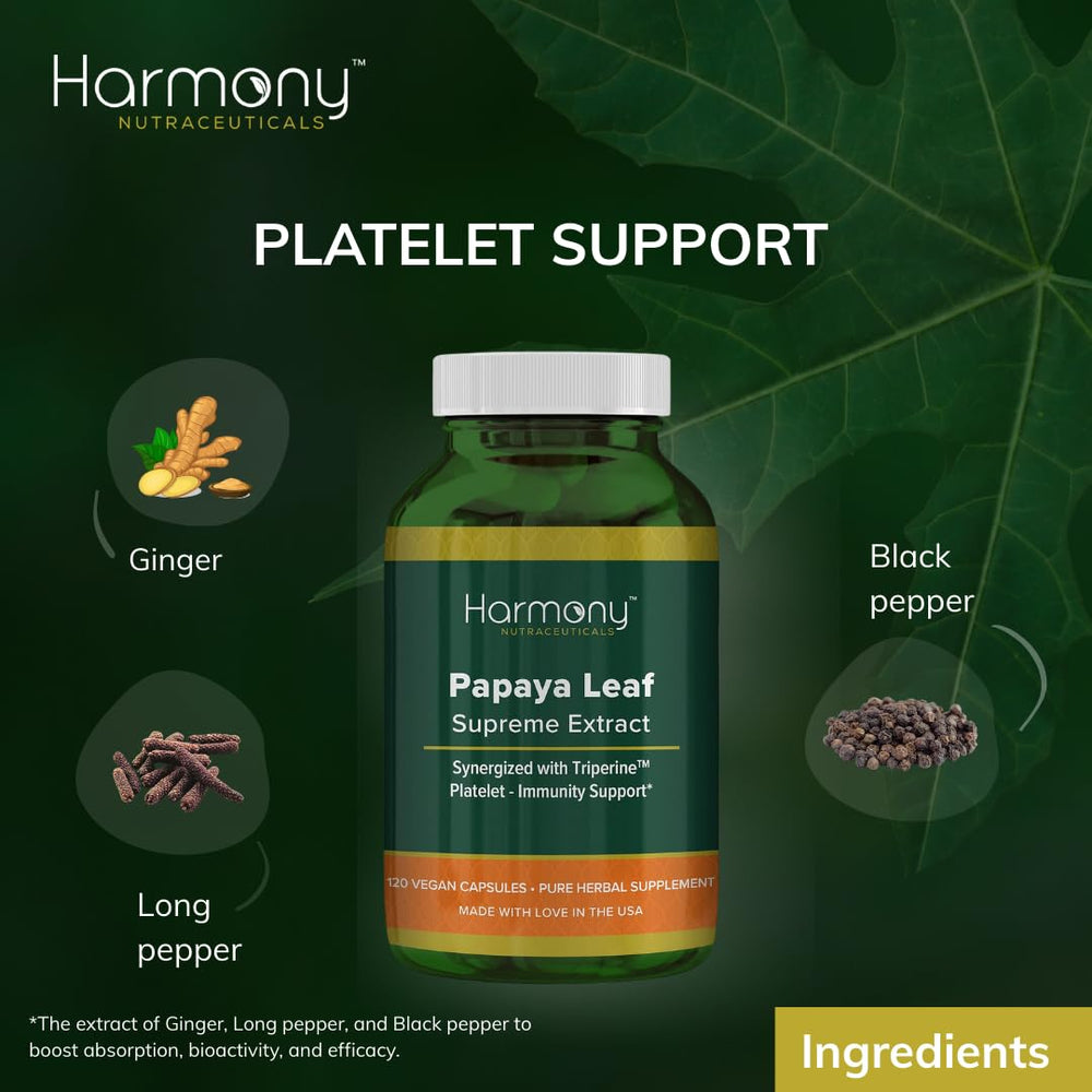 Harmony Nutraceuticals Papaya Leaf Supreme Extract capsules close-up showing smooth vegan shells for easy daily use.
