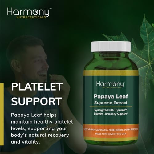Harmony Nutraceuticals Papaya Leaf Supreme Extract packaging highlighting organic, non-GMO ethics and fair sourcing.