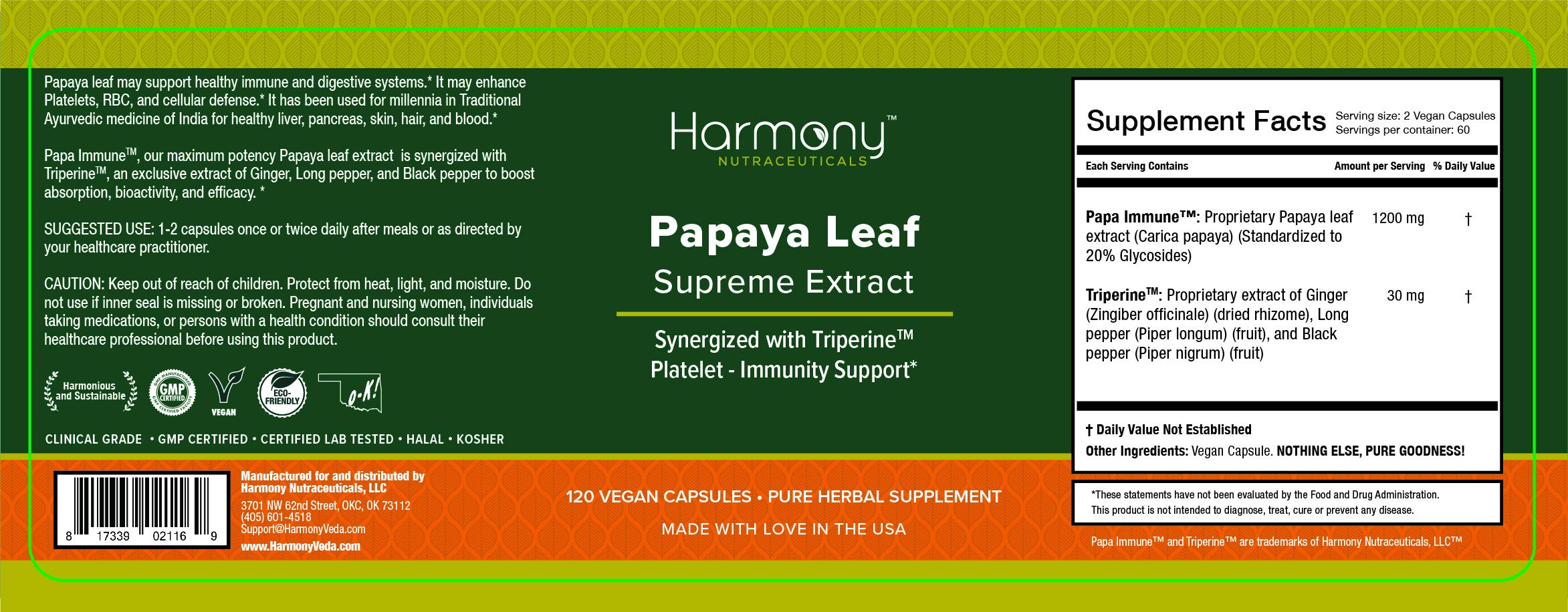 Harmony Nutraceuticals Papaya Leaf Supreme Extract Triperine close-up illustrating absorption synergy.