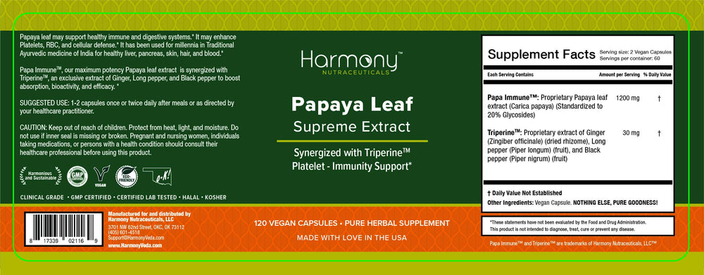 Harmony Nutraceuticals Papaya Leaf Supreme Extract Triperine close-up illustrating absorption synergy.