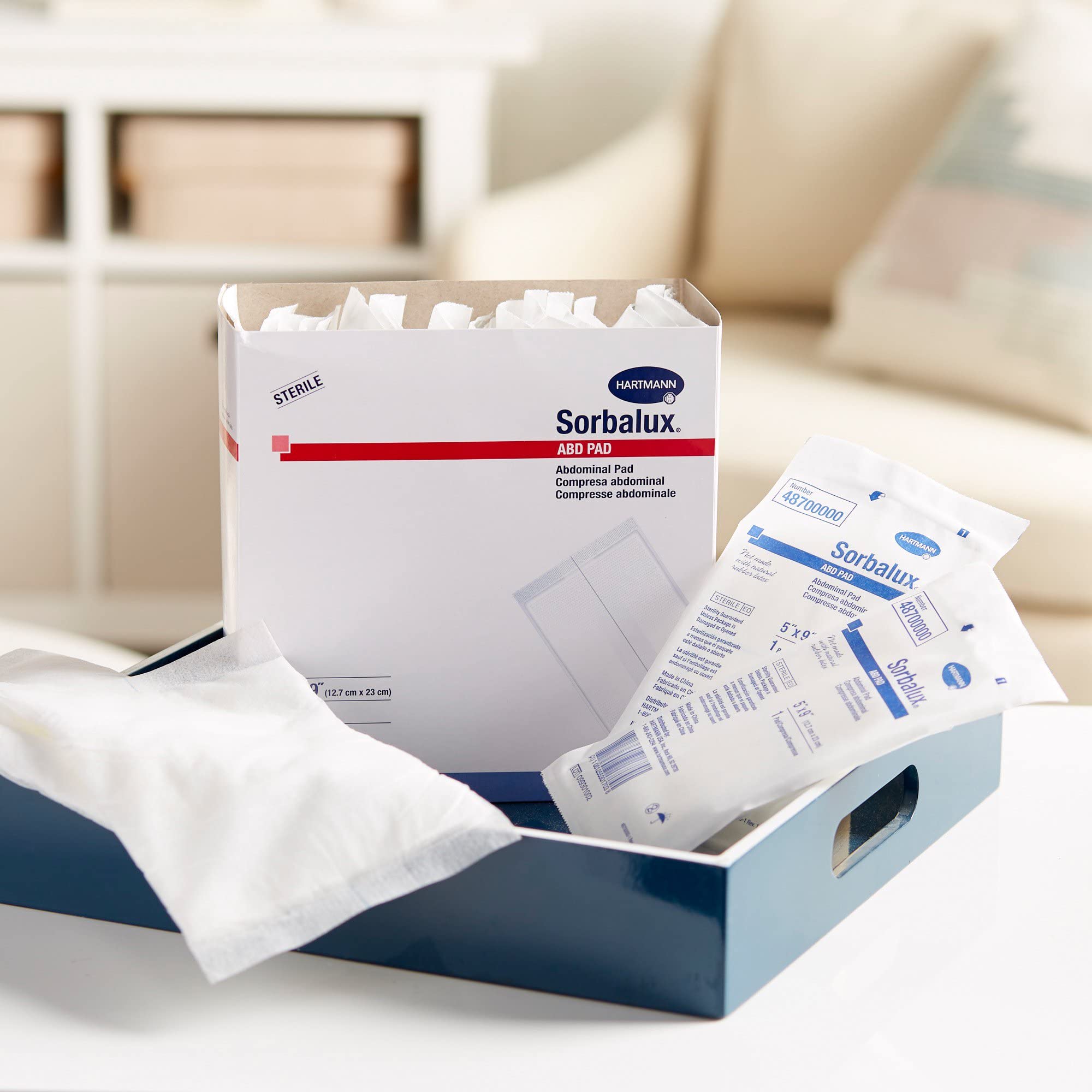 Box showing 25-count Sorbalux ABD pads for convenient stock