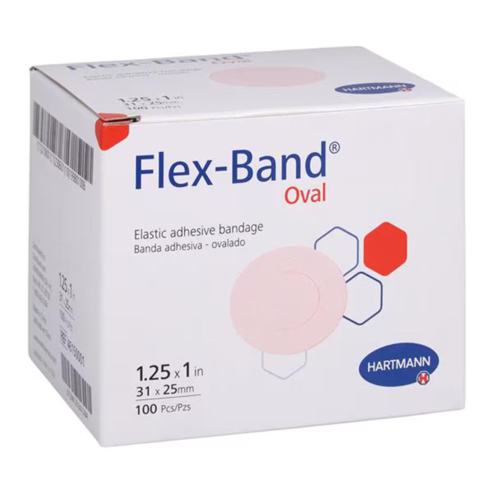 Bandas Flex-Band Oval de Hartmann H, paquete de 100, ajuste cómodo para contornos y heridas menores.
