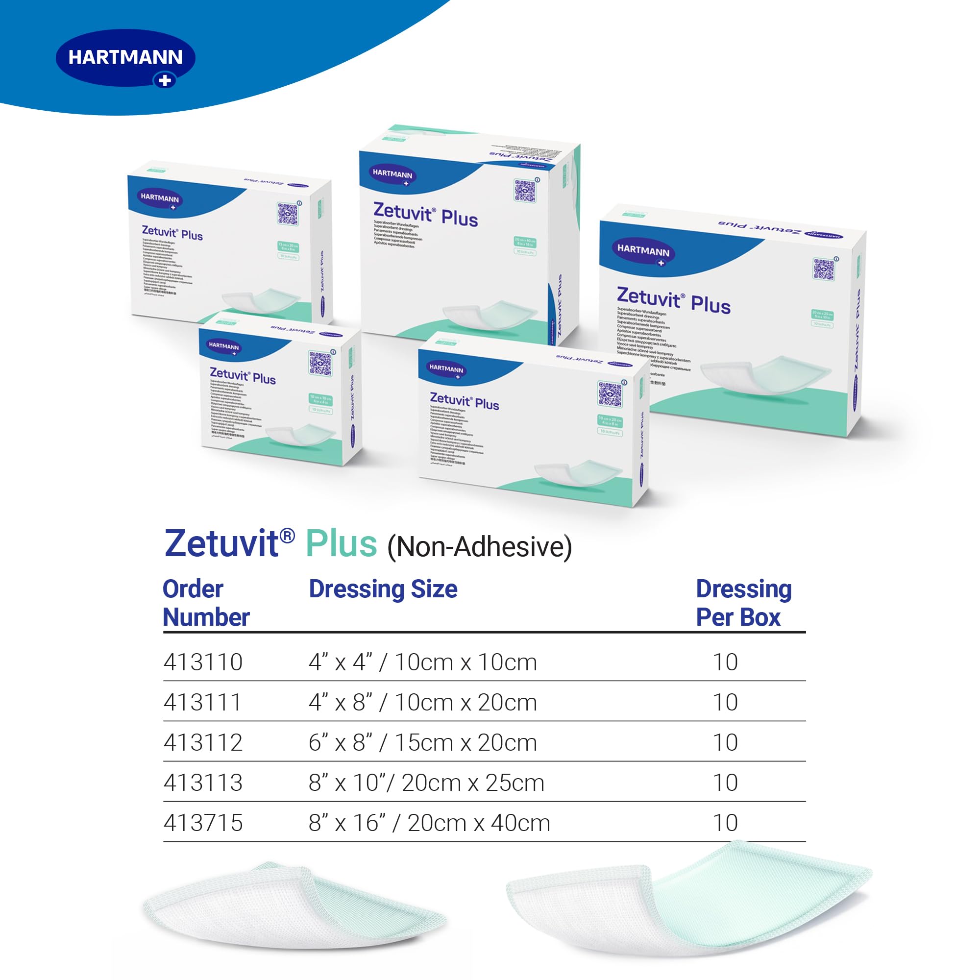 Hartmann Zetuvit Plus non-border design minimizes wound area contact