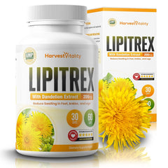 Harvest Vitality Lipitrex bottle label close-up highlighting herbal diuretic blend for hydration.