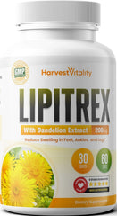 Harvest Vitality Lipitrex bottle beside a glass of water suggesting daily hydration support.