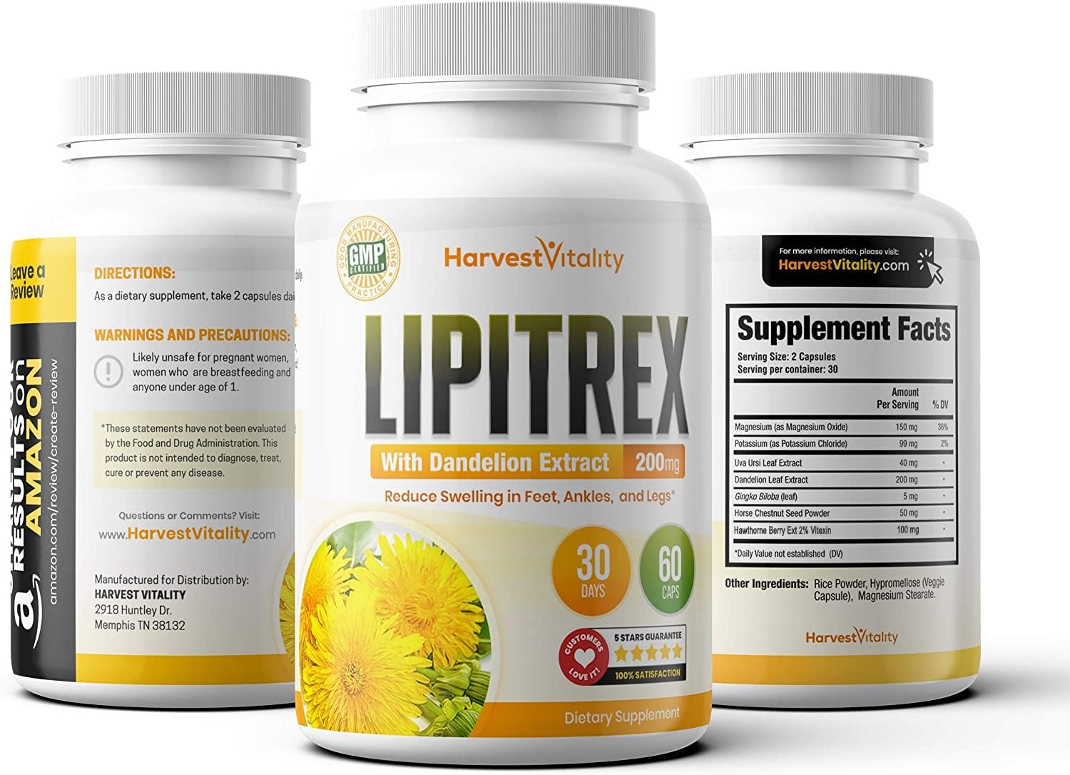 Harvest Vitality Lipitrex packaging with ingredients list emphasizing plant-based formula.