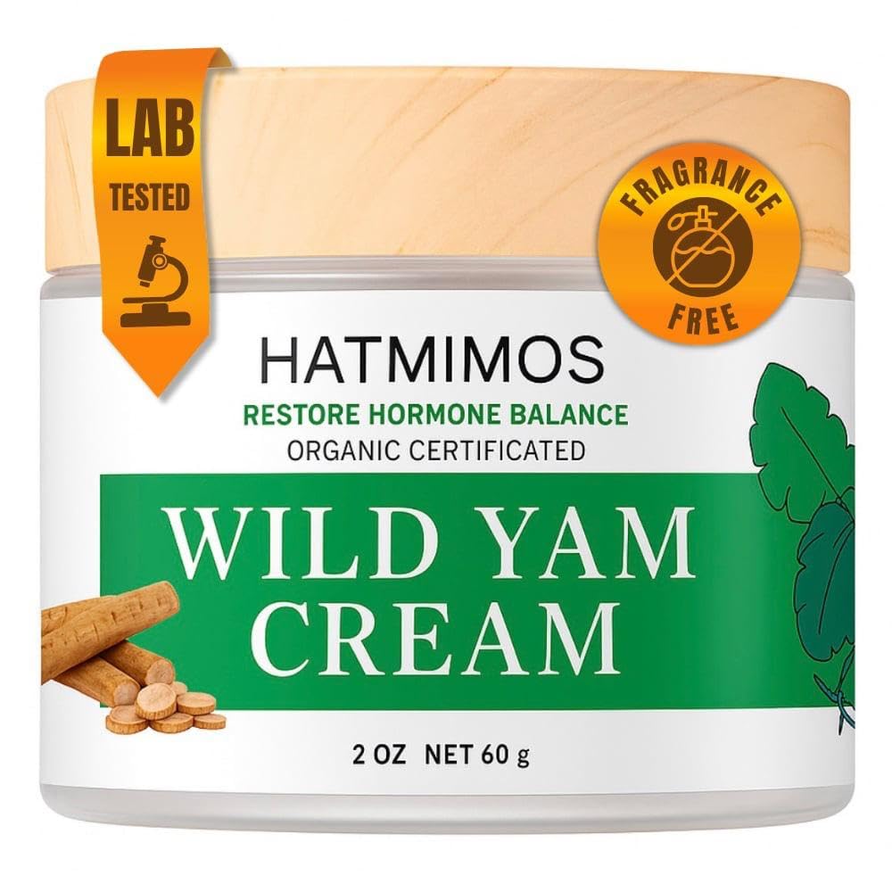 HATMIMOS Wild Yam Cream bottle highlights premium packaging and daily hydration for sensitive skin.