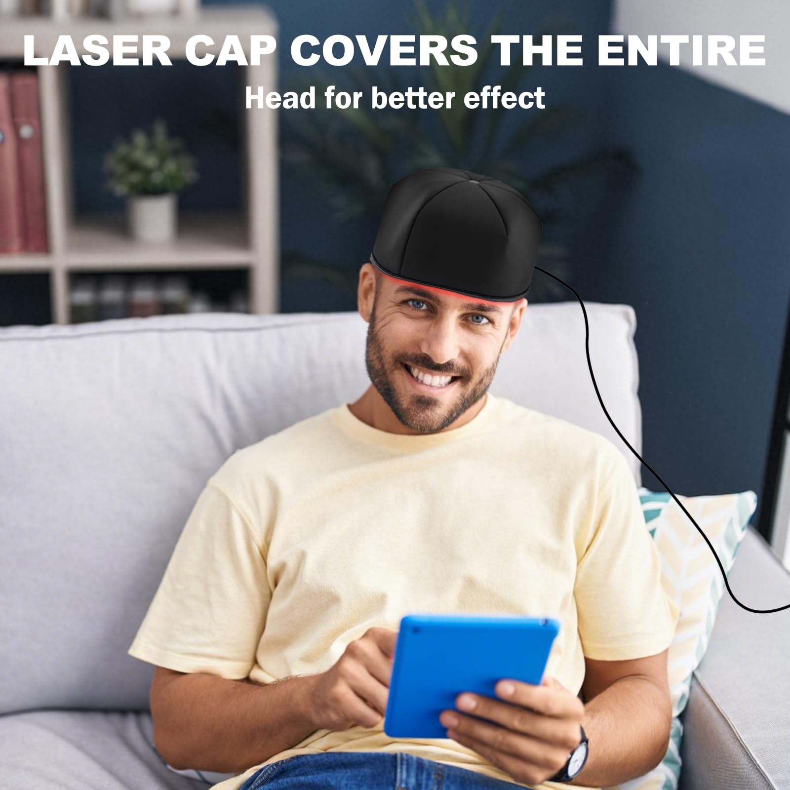 HAUBAT Laser Cap in use scenario suggesting a relaxing home routine.