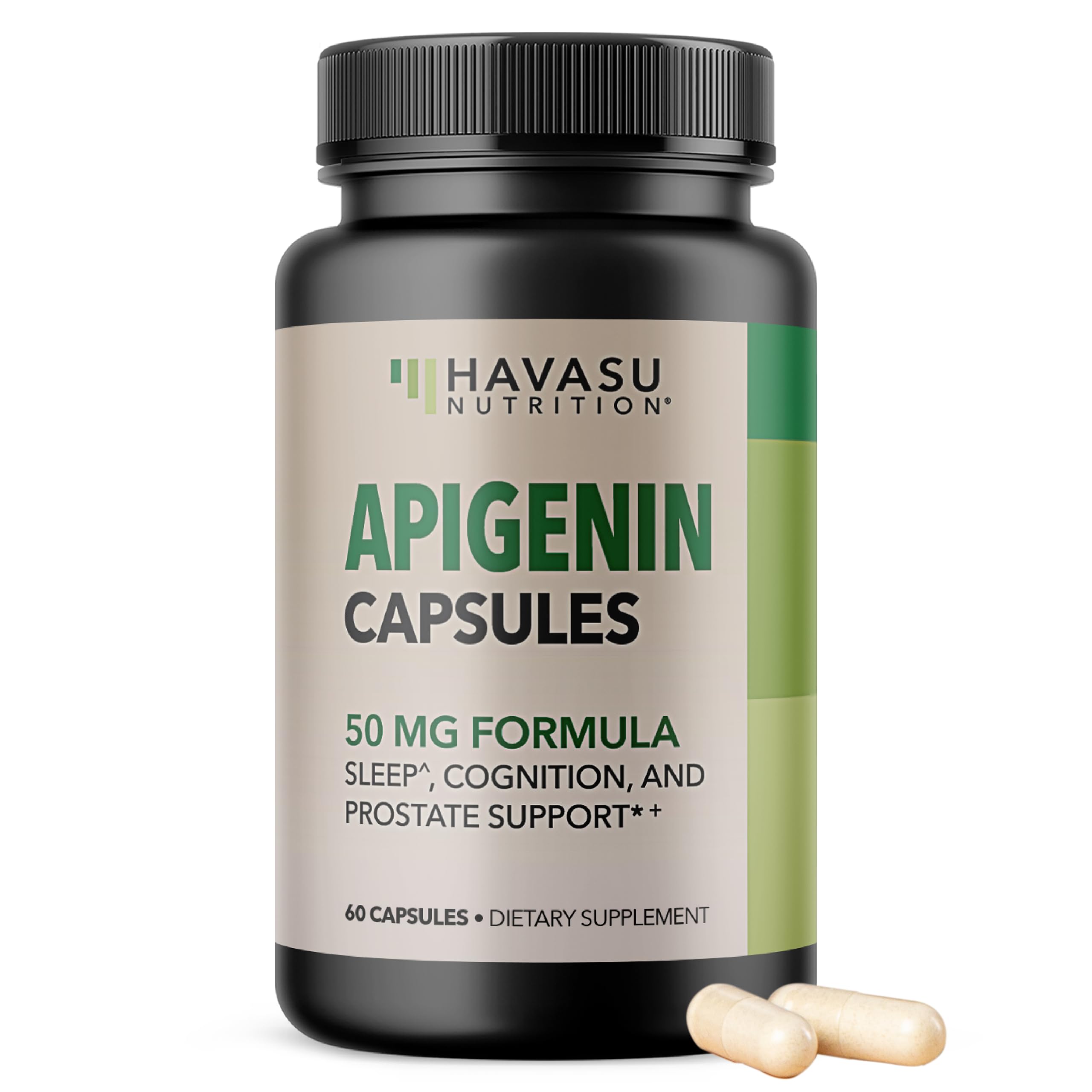 HAVASU Apigenin 50mg bottle shown for a calm evening routine.