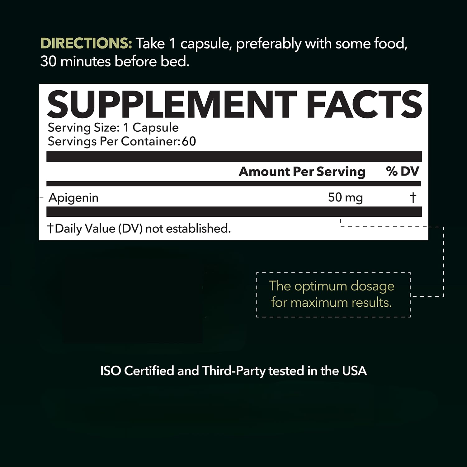 Close-up of HAVASU Apigenin capsules; vegan, non-GMO formula visible.