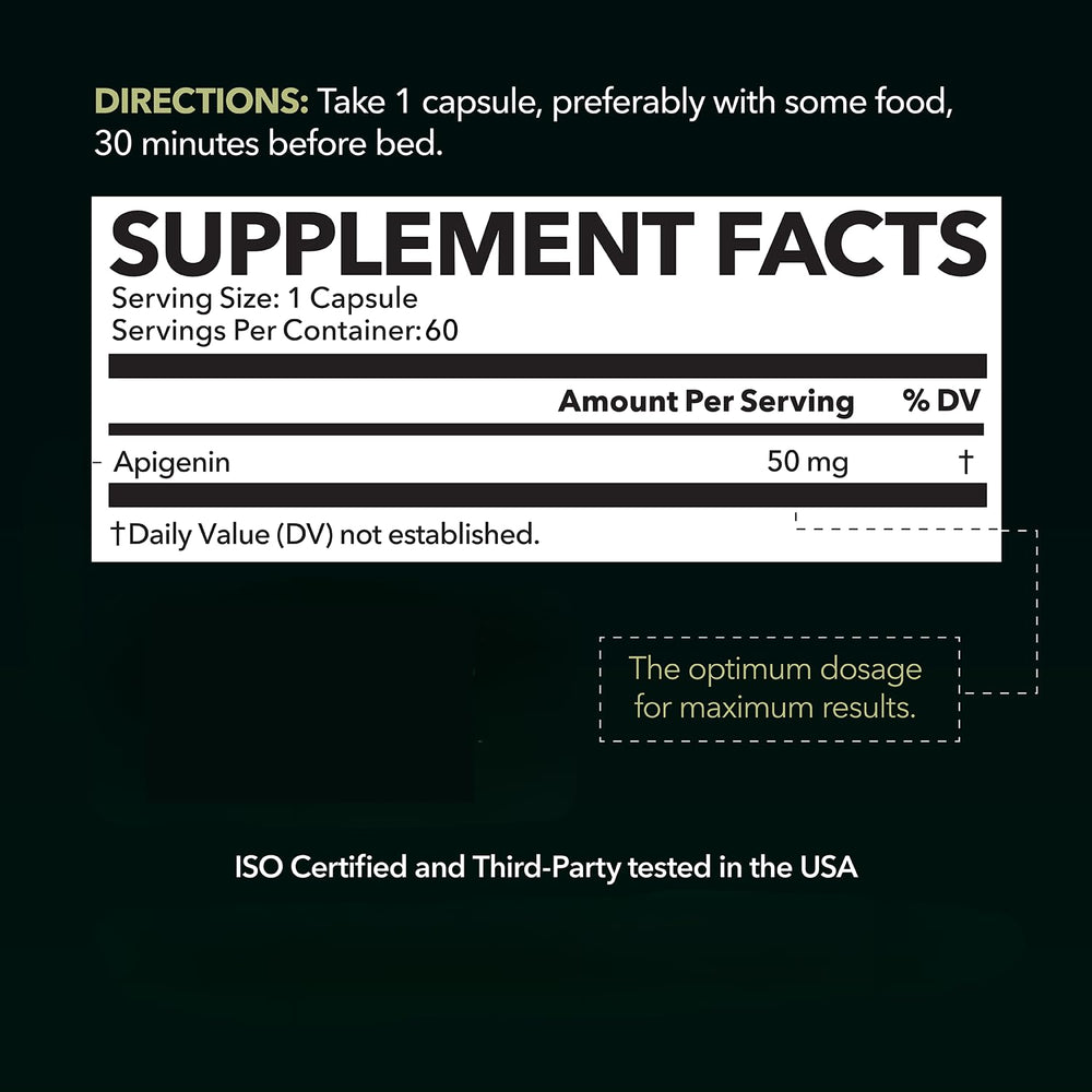 Close-up of HAVASU Apigenin capsules; vegan, non-GMO formula visible.