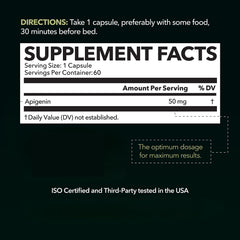 Close-up of HAVASU Apigenin capsules; vegan, non-GMO formula visible.
