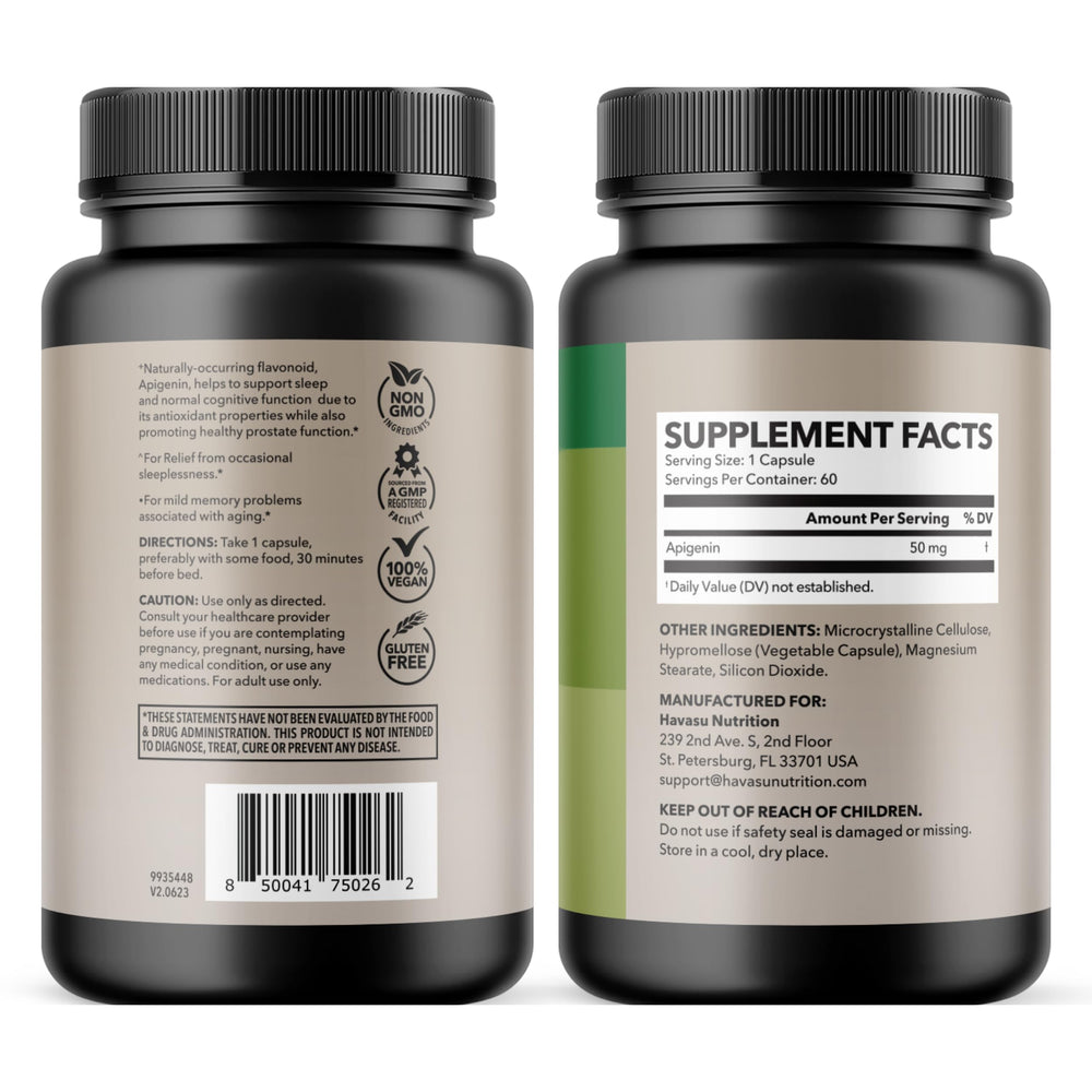 Packaging view of HAVASU Apigenin 60-count bottle.