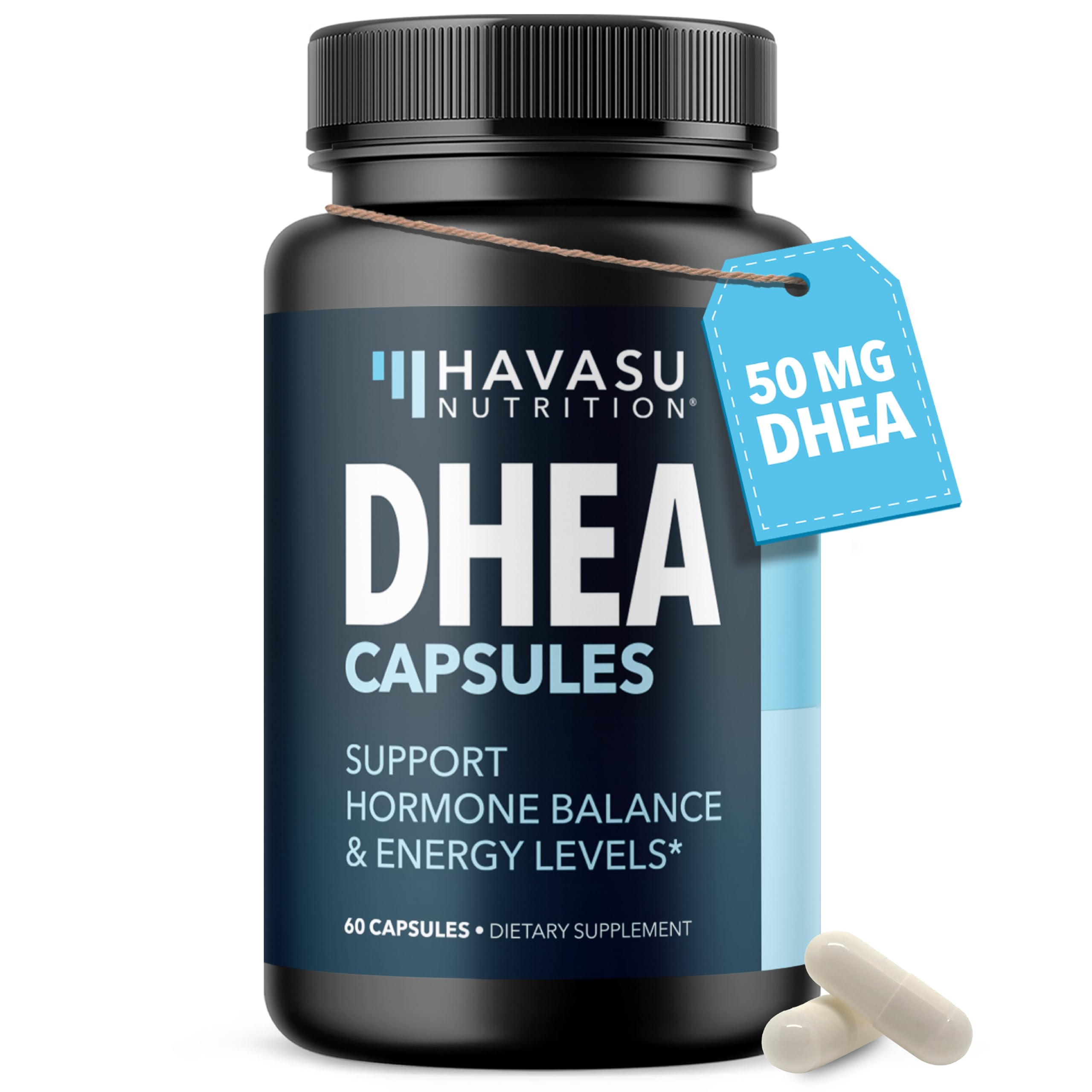 HAVASU DHEA 50mg bottle showcases premium packaging for daily hormone balance support.