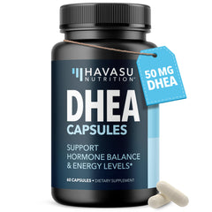 HAVASU DHEA 50mg bottle showcases premium packaging for daily hormone balance support.