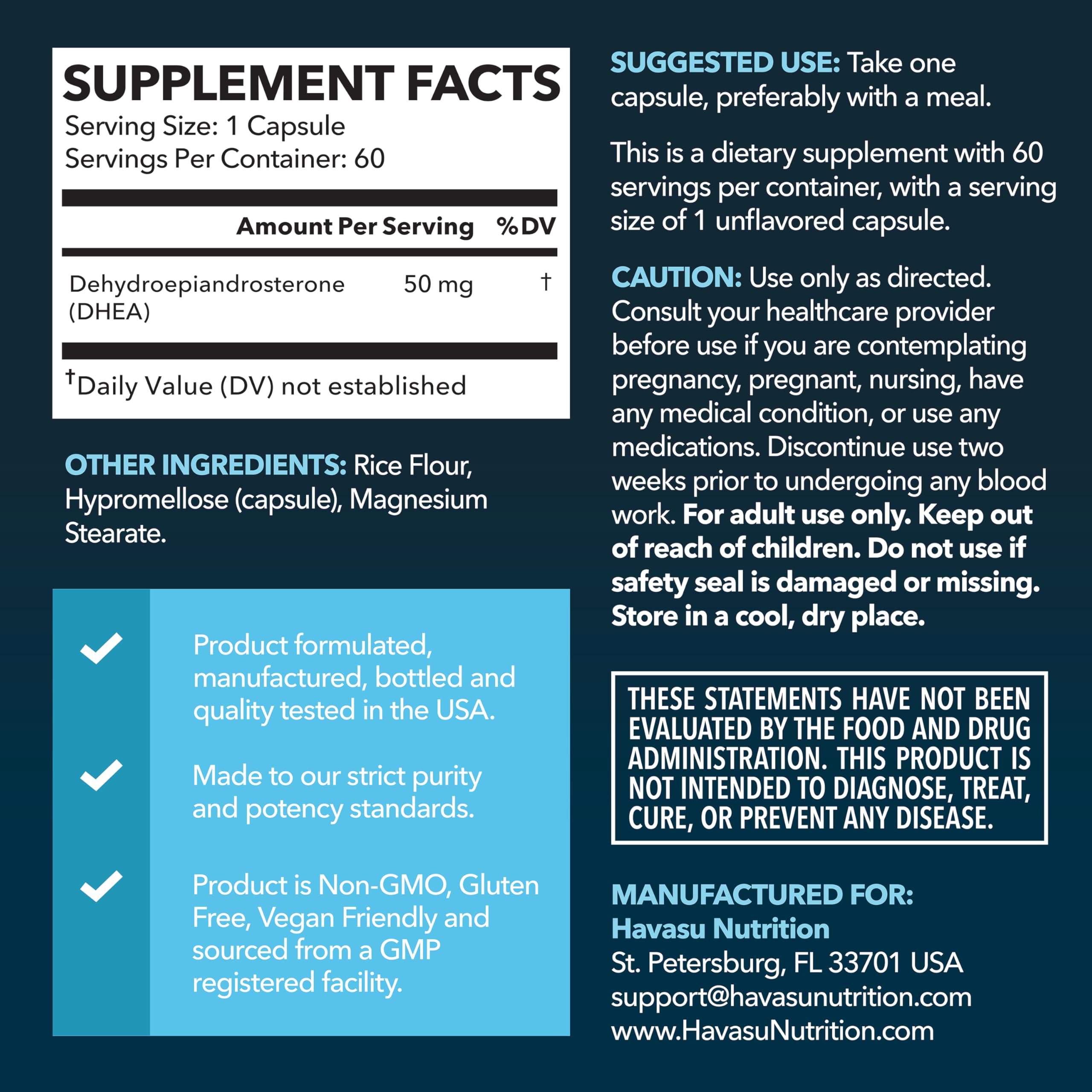 HAVASU DHEA 50mg capsules closeup highlights convenient 50mg dose per capsule.