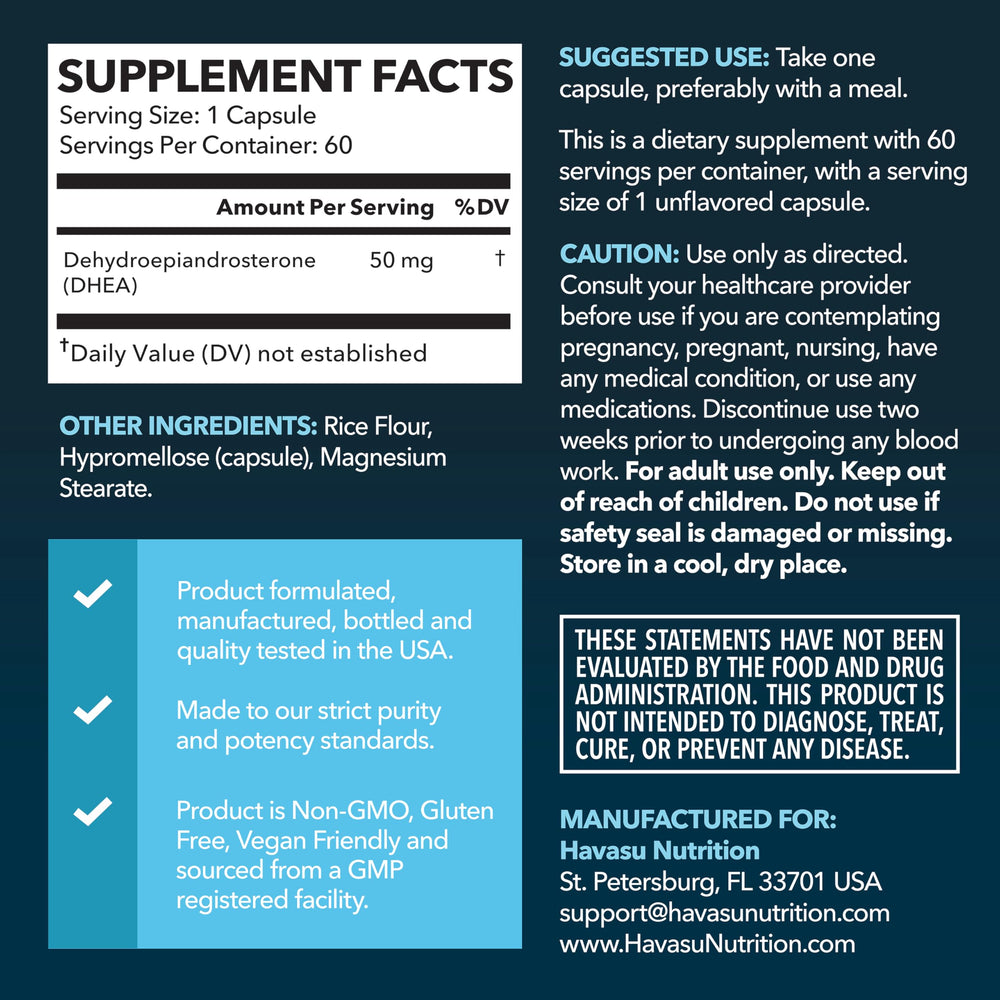 HAVASU DHEA 50mg capsules closeup highlights convenient 50mg dose per capsule.