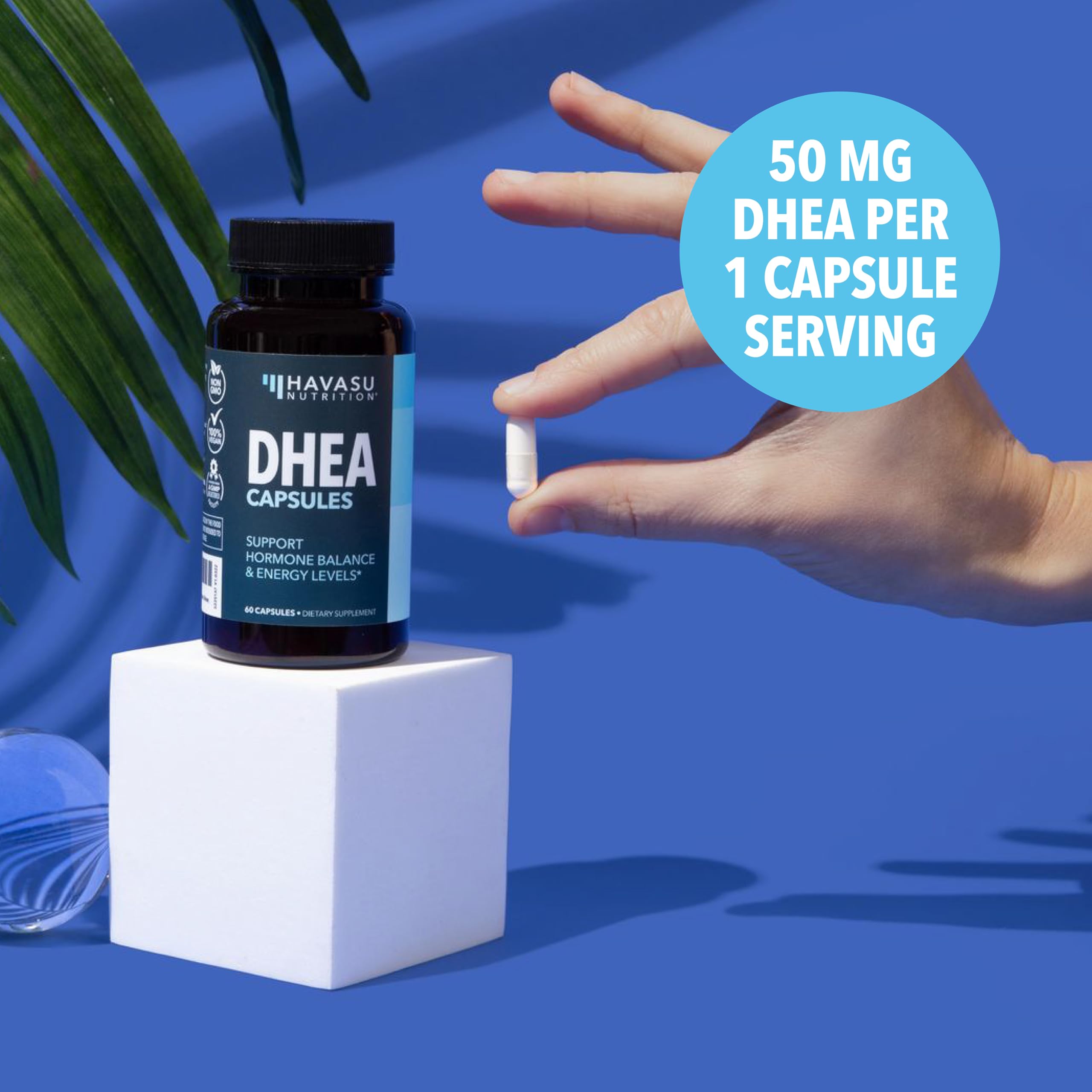 HAVASU DHEA 50mg daily routine guide image suggests energy and mood support.