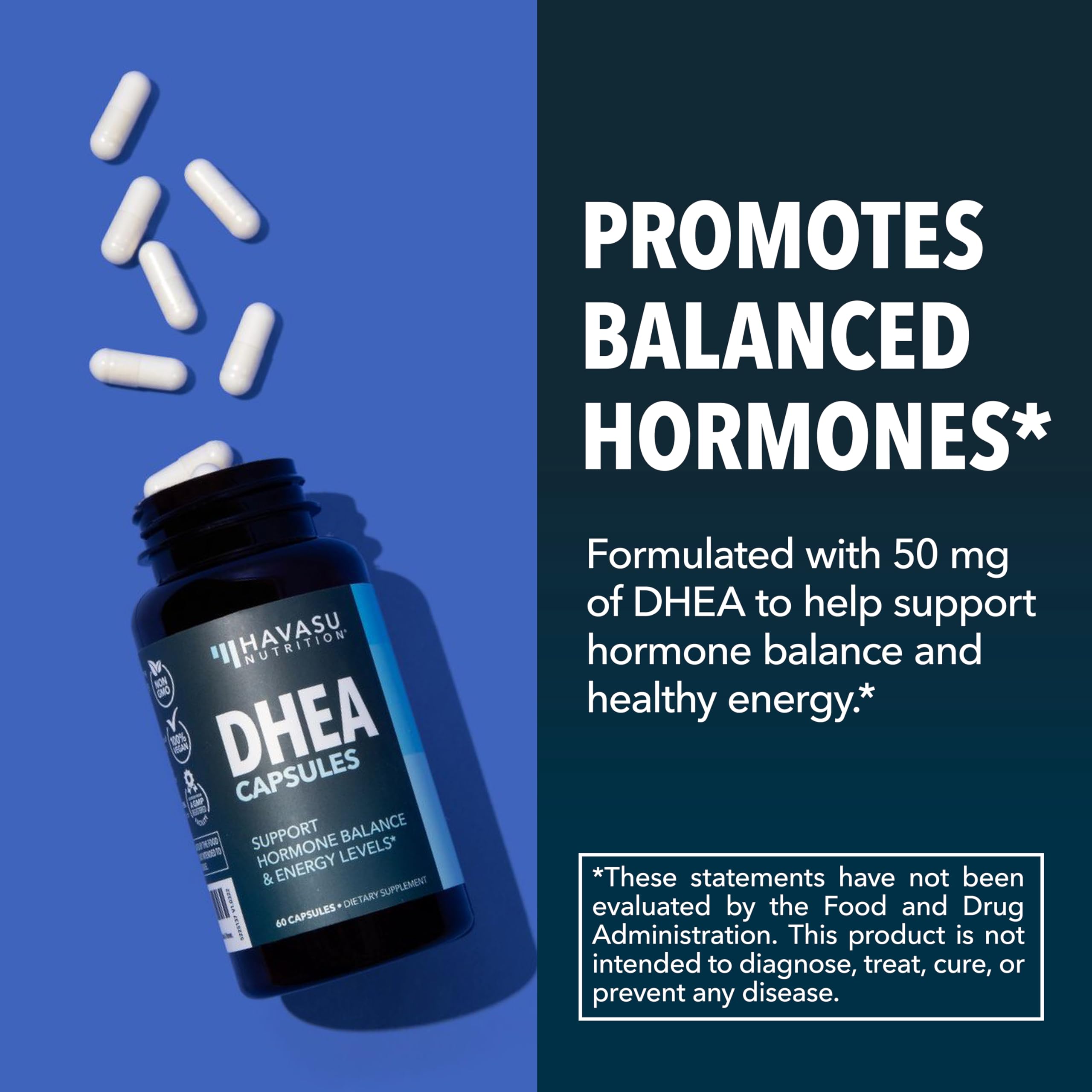 HAVASU DHEA 50mg label detail confirms vegan, non-GMO formulation.