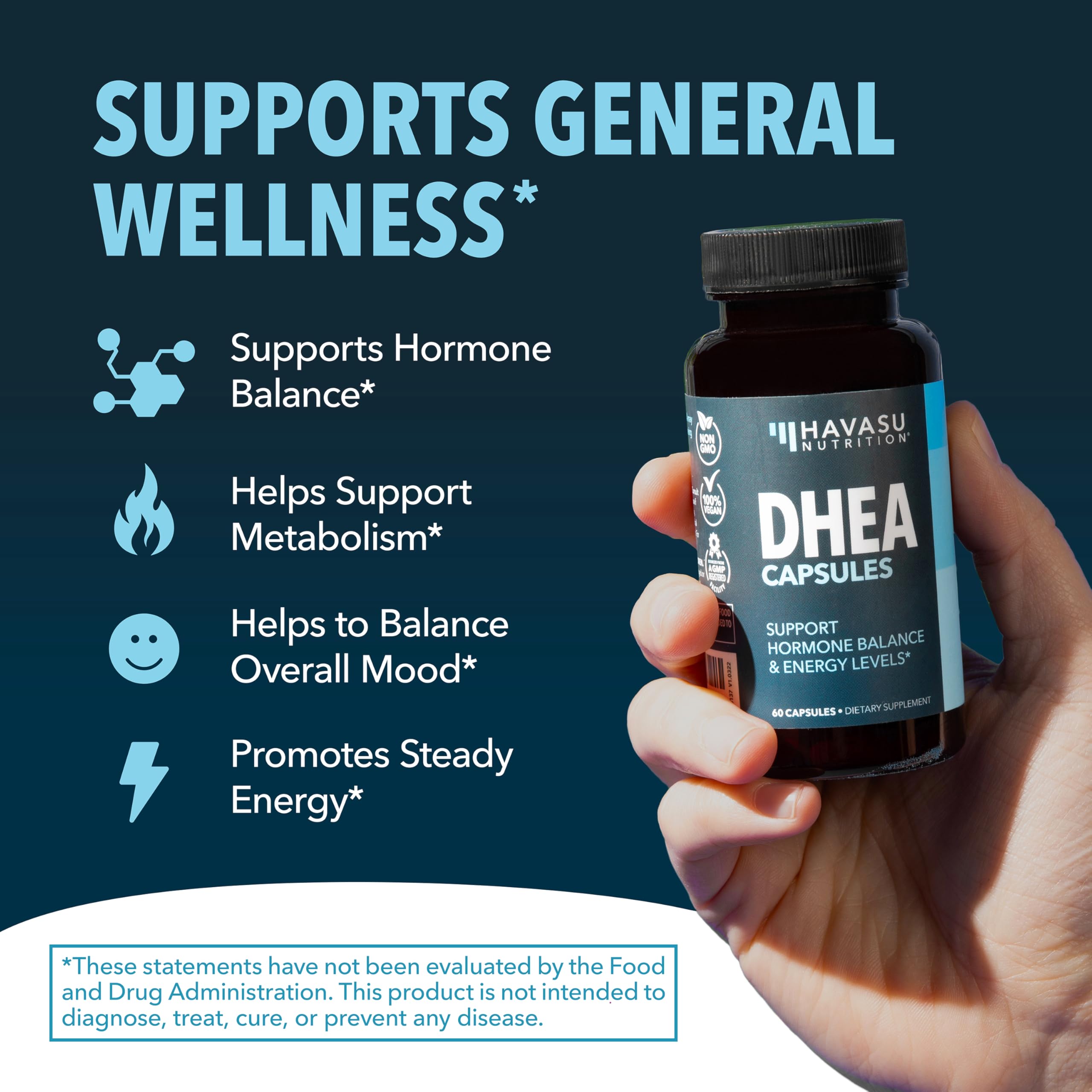 HAVASU DHEA 50mg pour into glass illustrates easy daily intake.