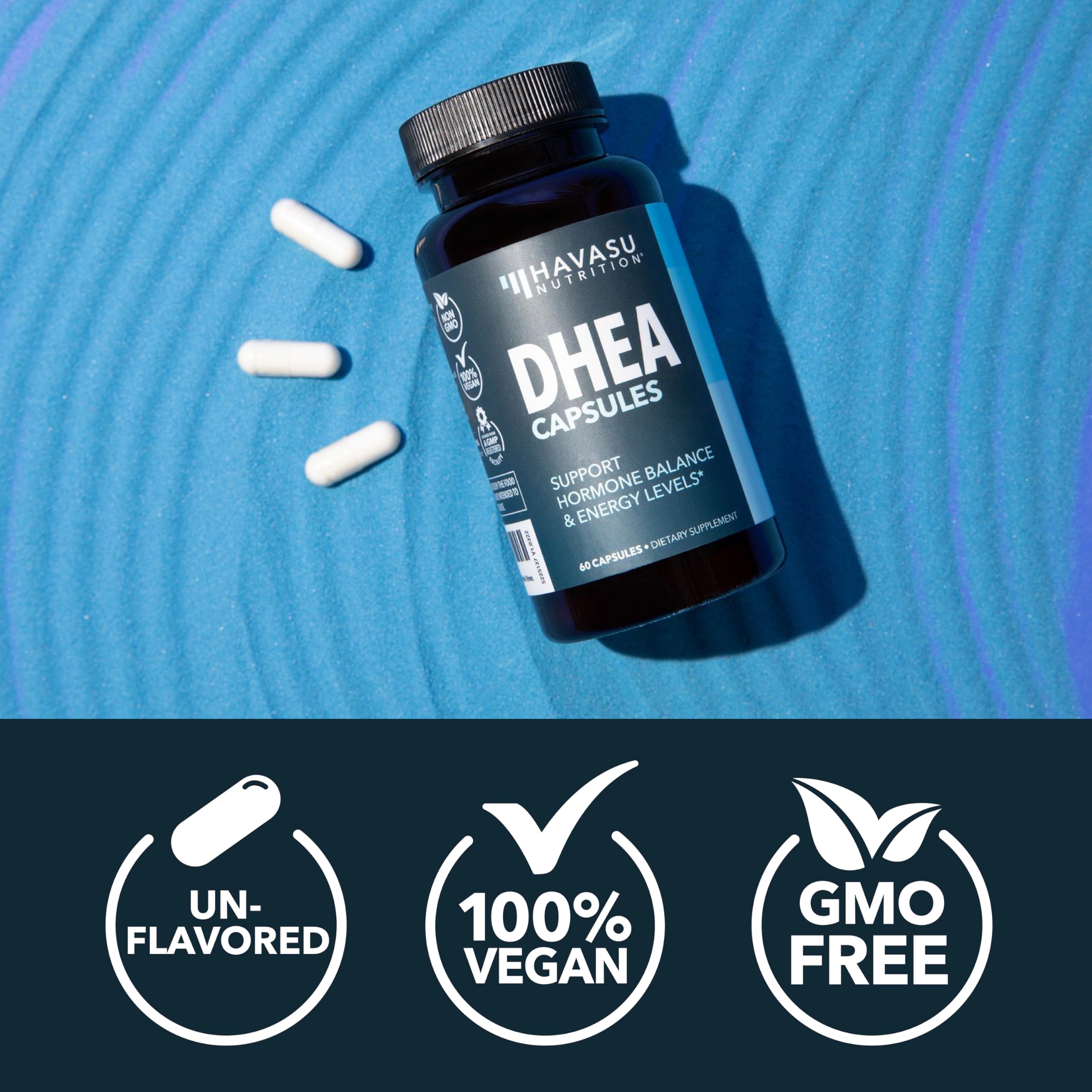 HAVASU DHEA 50mg vegan non-GMO icon highlights allergen-free formula.