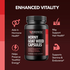 Havasu Horny Goat Weed Capsules ingredients visual showcases Saw Palmetto and Maca root benefits