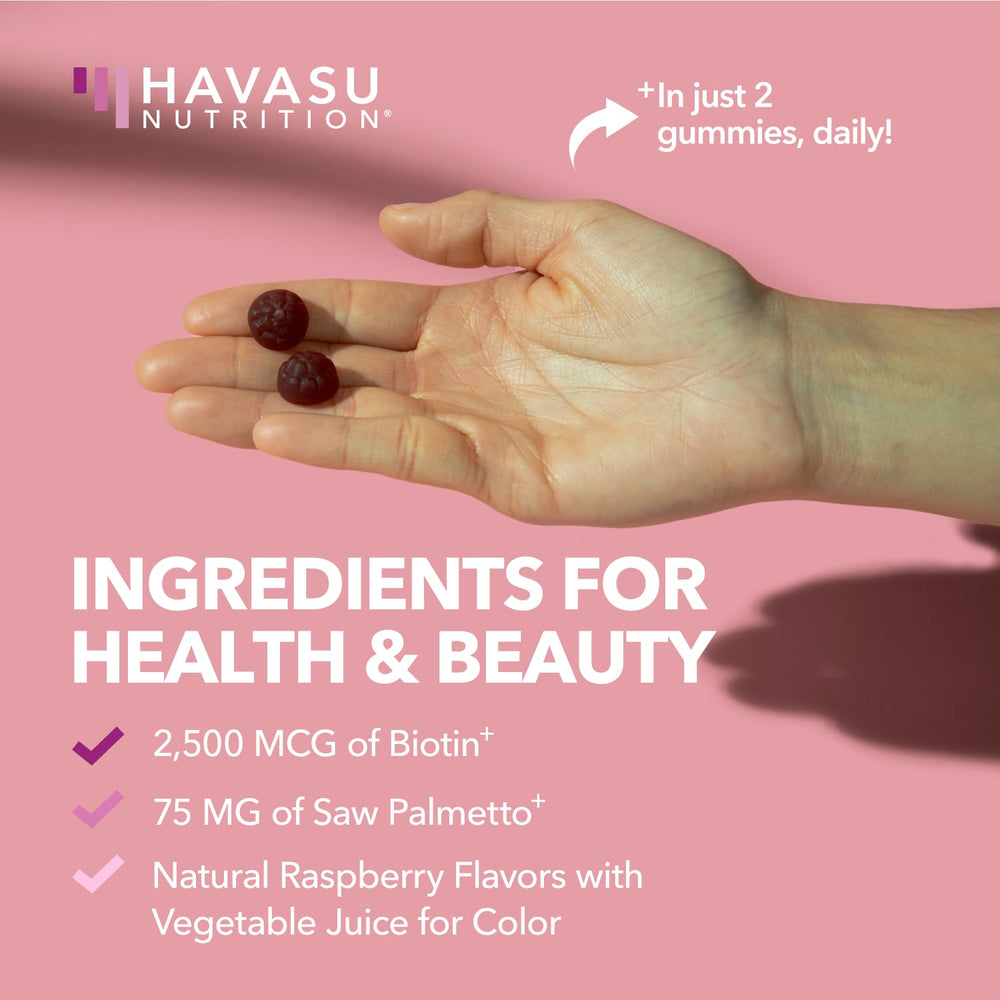 Ingredient panel highlights biotin and saw palmetto on HAVASU label.