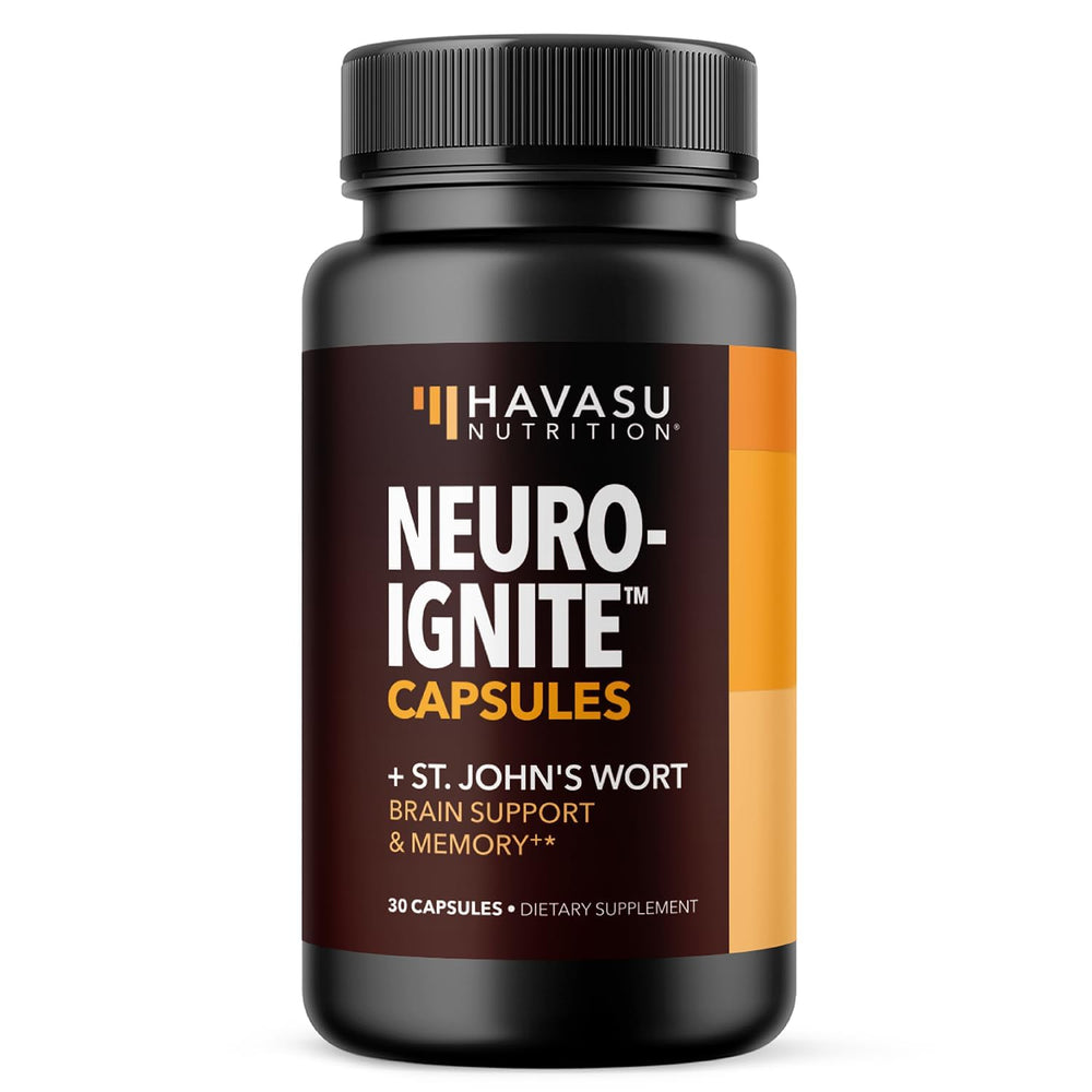 HAVASU NeuroIGNITE bottle-front showing caffeine-free focus support for busy days.