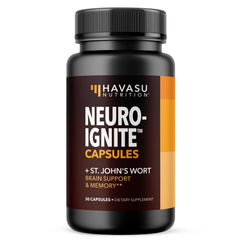 HAVASU NeuroIGNITE bottle-front showing caffeine-free focus support for busy days.