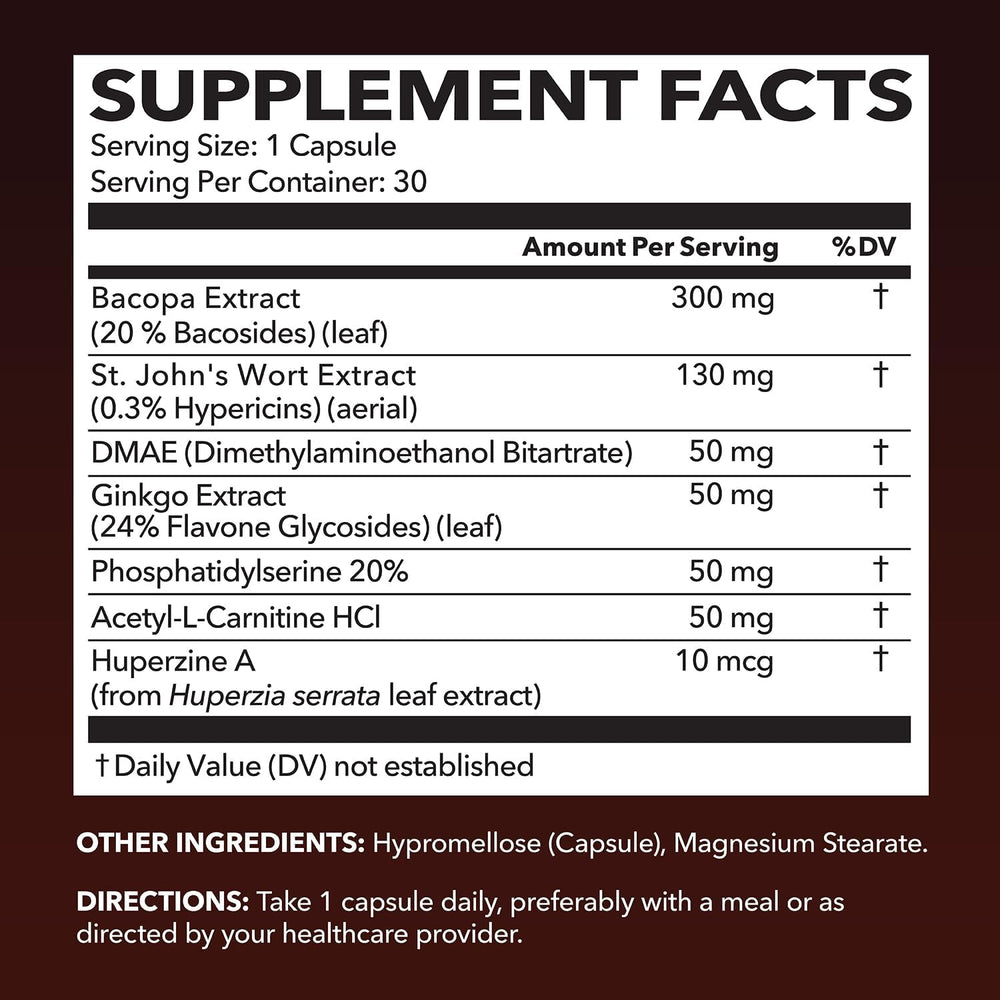 HAVASU NeuroIGNITE bottle-label highlighting Bacopa and St. John’s Wort for memory support.