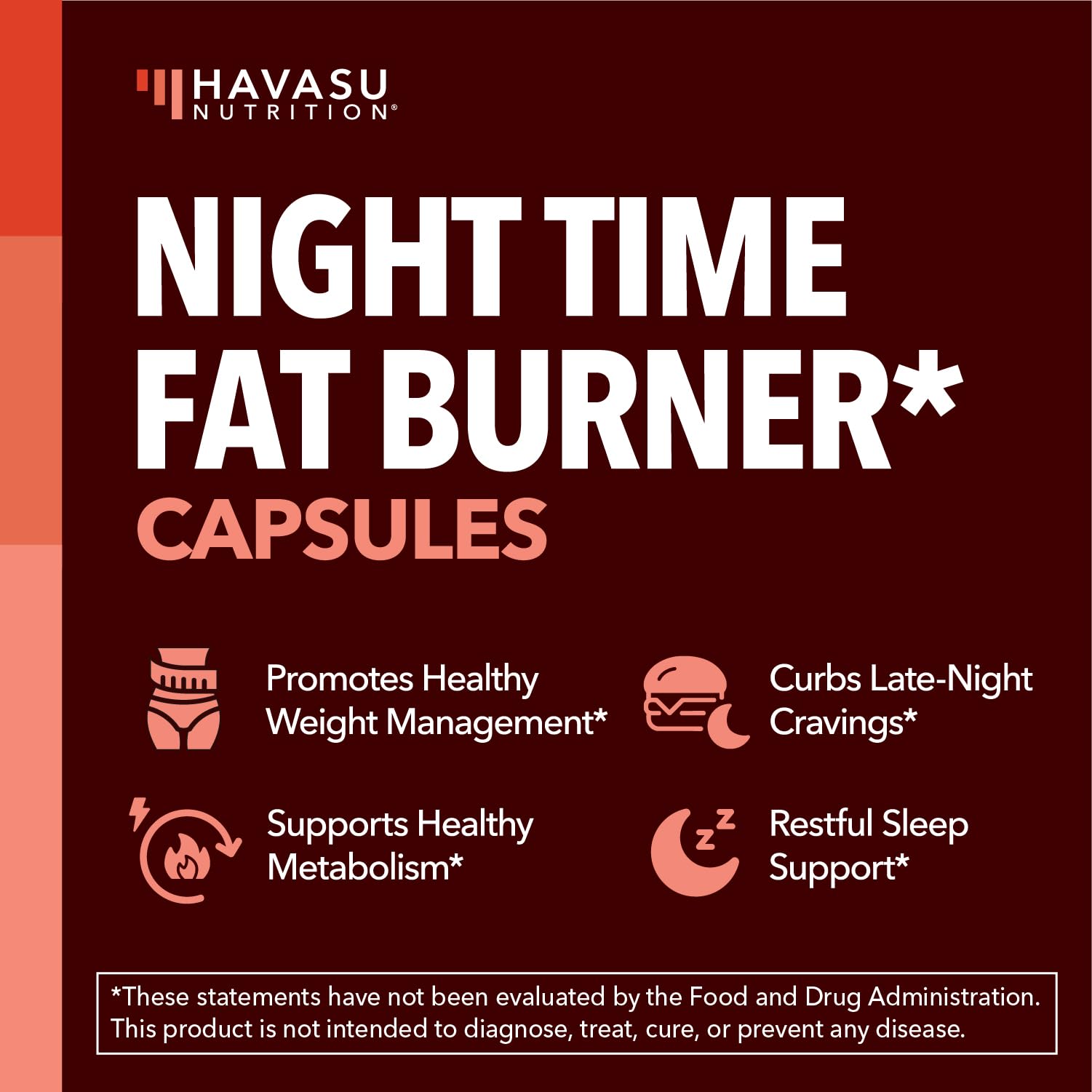 Havasu Night Time Fat Burner label closeup highlighting ingredients and benefits