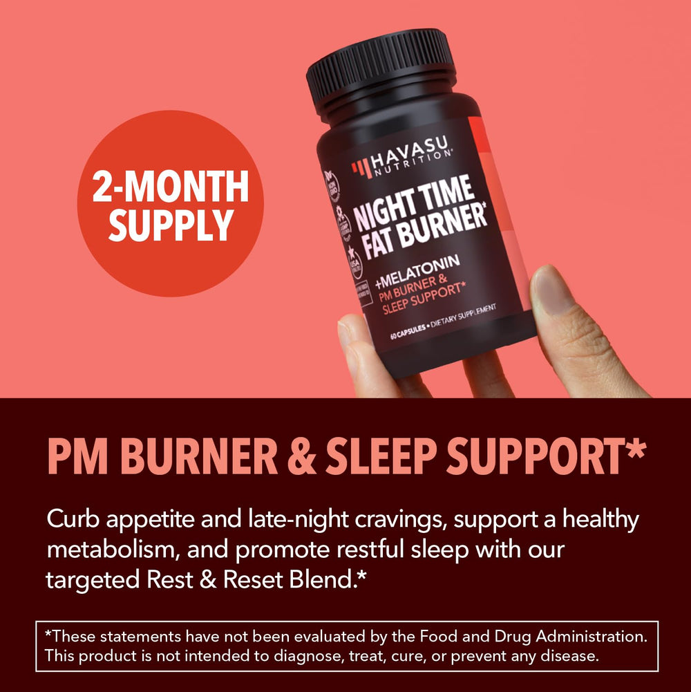 Havasu Night Time Fat Burner capsules beside a clock for overnight use
