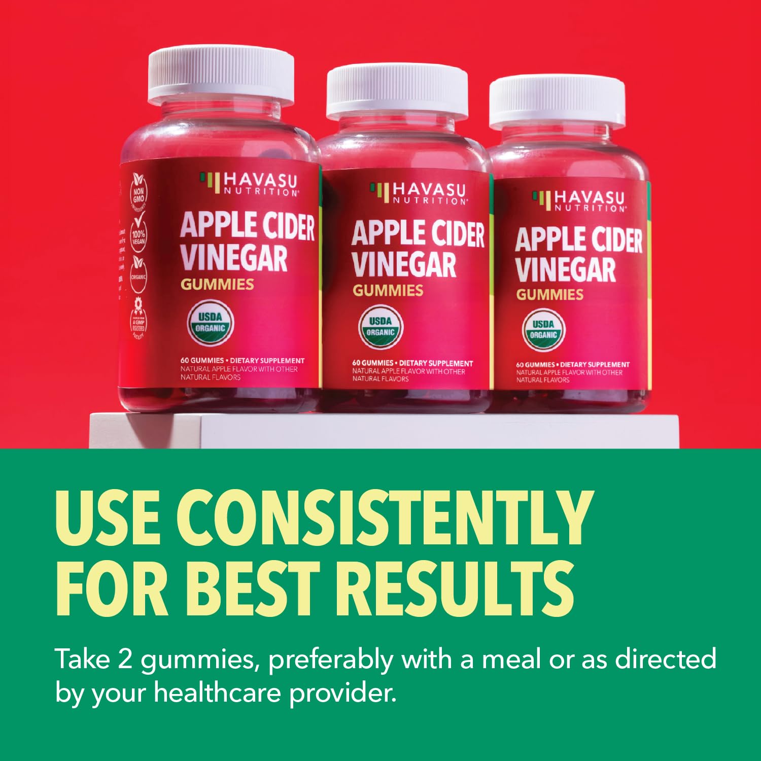 HAVASU Nutrition Apple Cider Vinegar Gummies bottle beside a glass of water for daily routine